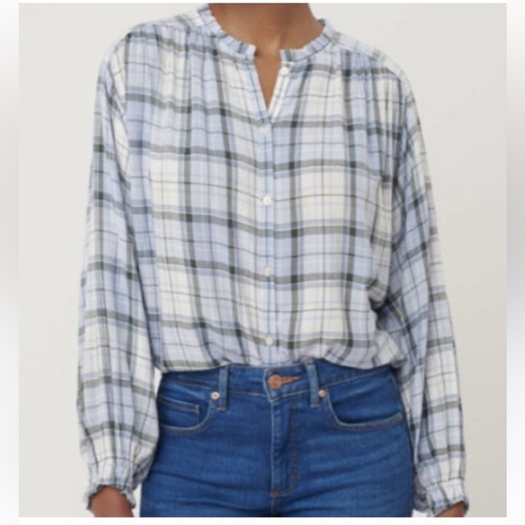 LOFT Blue & White Plaid Peasant Billowy Sleeve Button Down Blouse Top Size Small - Picture 2 of 10